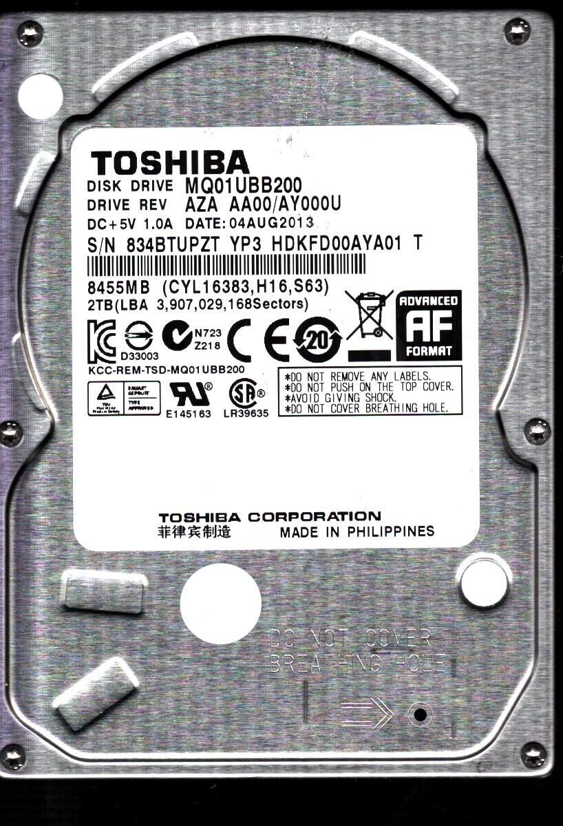 MQ01UBB200 HDKFD00AYA01 T REV: AZA AA00/AY000U 2TB AUG 2013 PHILIPPINES TOSHIBA