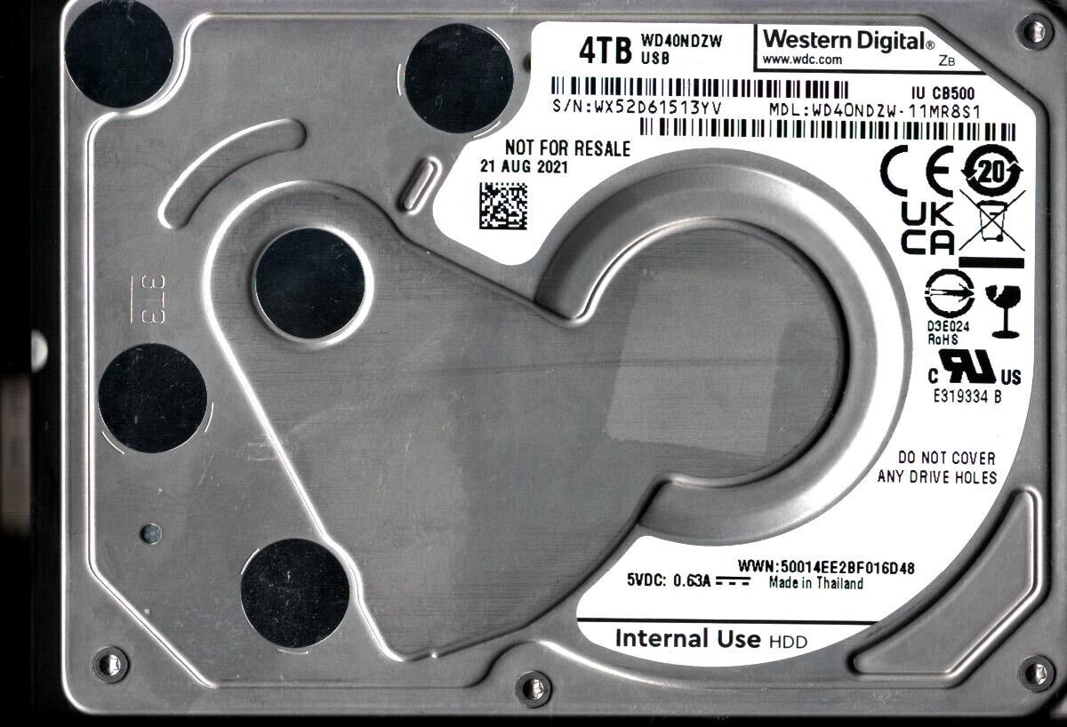 WD40NDZW-11MR8S1 S/N: WX52D WESTERN DIGITAL 4TB THAILAND AUG 2021