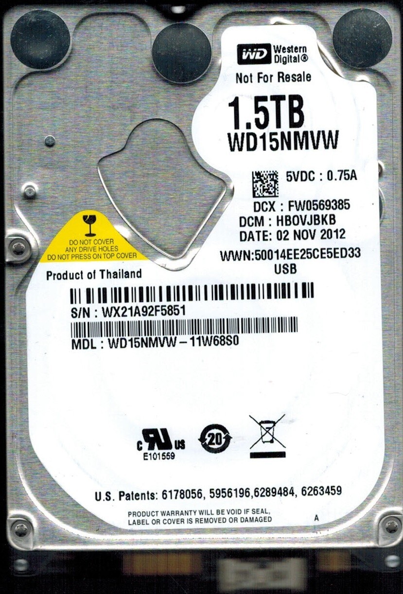 WD15NMVW-11W68S0 S/N:WX21A DCM:HBOVJBKB WESTERN DIGITAL 1.5TB THAILAND NOV 2012