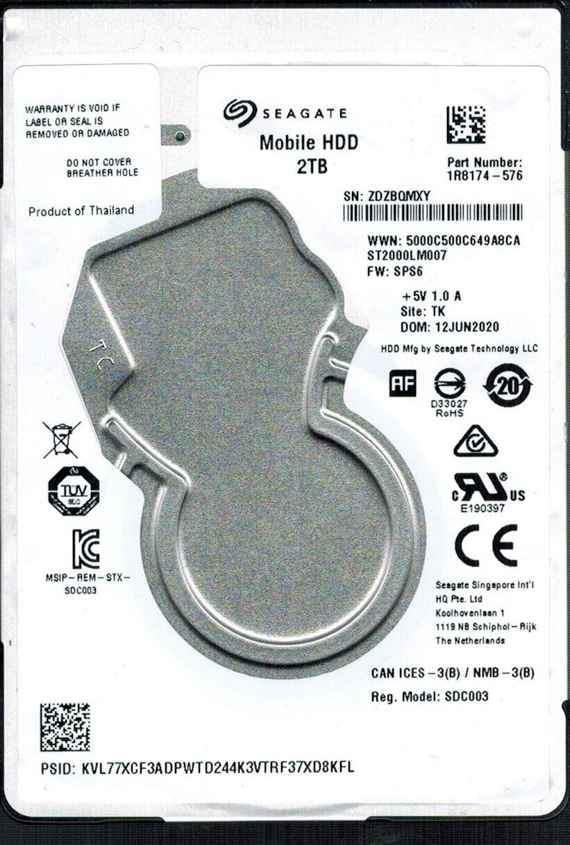 ST2000LM007 P/N: 1R8174-576 F/W: SPS6 S/N: ZDZB TK 2TB JUN 2020 THAILAND SEAGATE