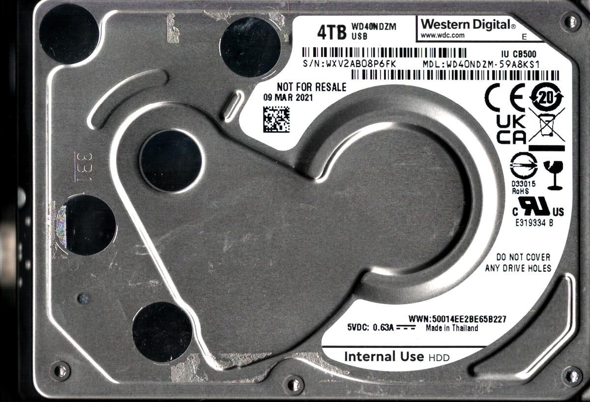 WD40NDZM-59A8KS1 S/N: WXV2A WESTERN DIGITAL 4TB THAILAND MAR 2021