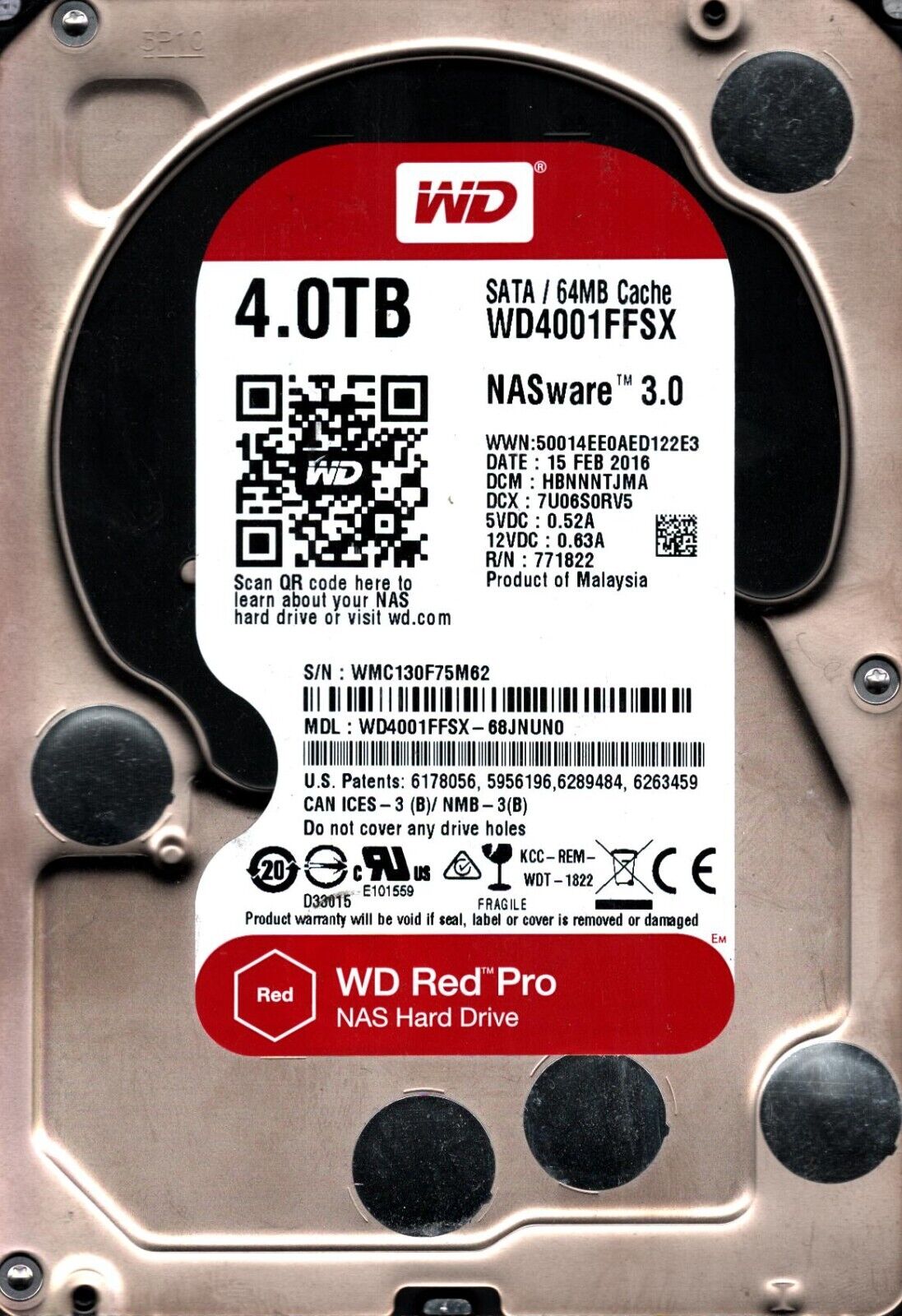 WD4001FFSX-68JNUN0 S/N:WMC13 DCM:HBNNNTJMA WESTERN DIGITAL 4TB MALAYSIA FEB 2016