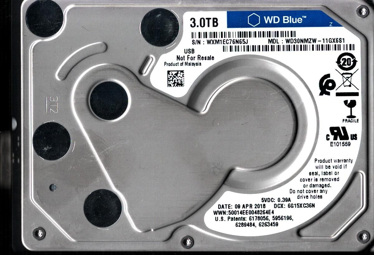 WD30NMZW-11GX6S1 S/N: WXM1E WESTERN DIGITAL 3TB MALAYSIA APR 2018