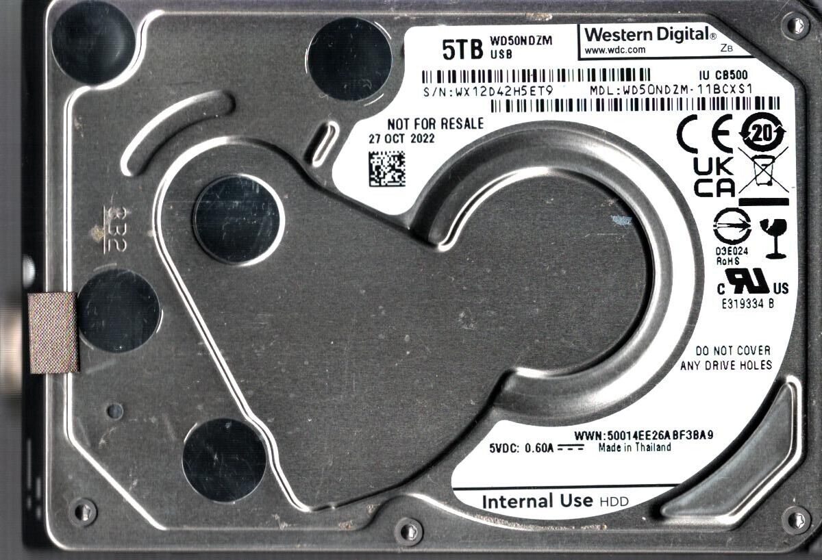 WD50NDZM-11BCXS1 S/N: WX12D WESTERN DIGITAL 5TB THAILAND OCT 2022