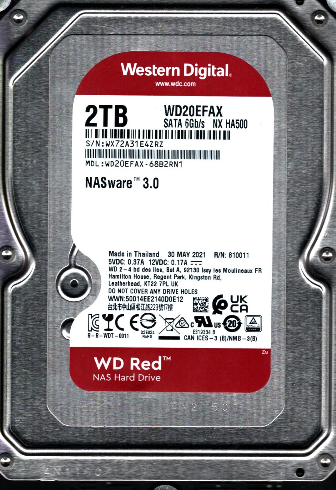 WD20EFAX-68B2RN1 S/N: WX72A WESTERN DIGITAL 2TB THAILAND MAY 2021