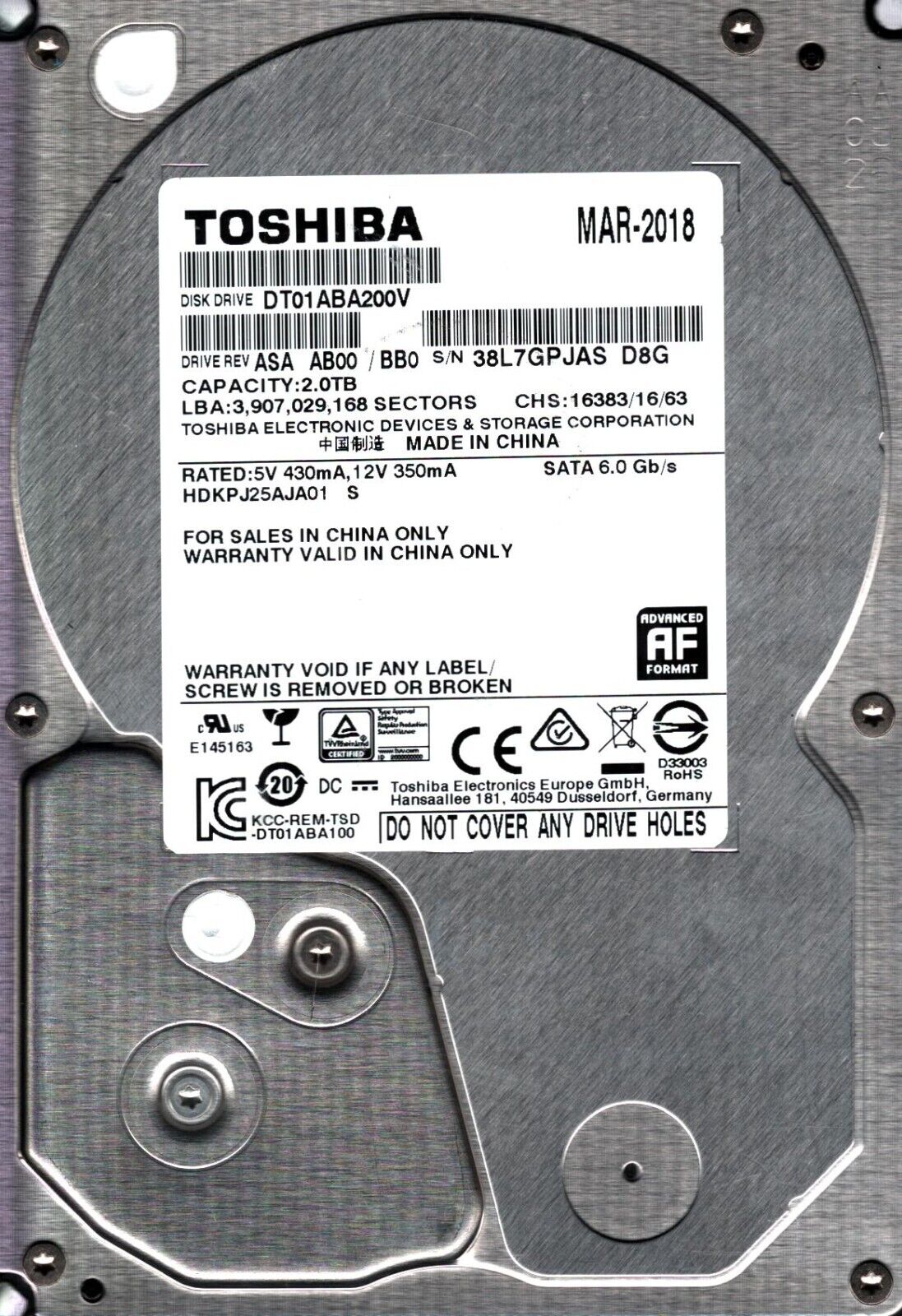 DT01ABA200V HDKPJ25AJA01 S REV: ASA AB00/BB0 2TB MAR 2018 CHINA TOSHIBA