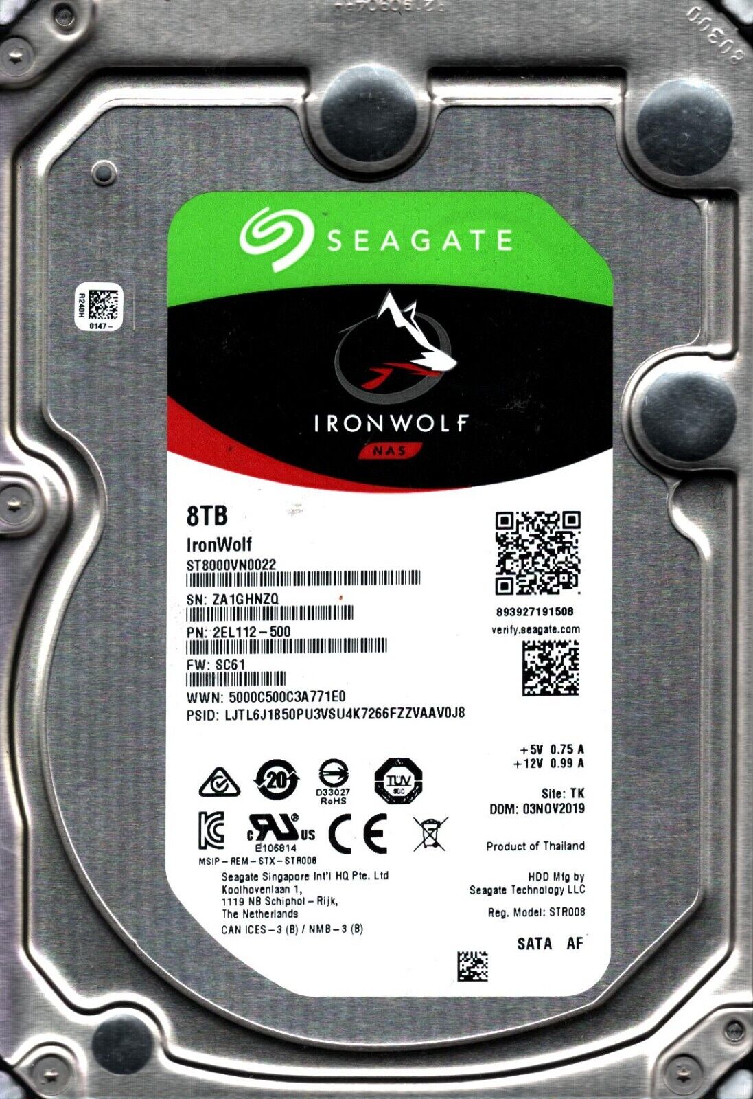 ST8000VN0022 P/N: 2EL112-500 F/W: SC61 S/N:ZA1G TK 8TB NOV 2019 THAILAND SEAGATE