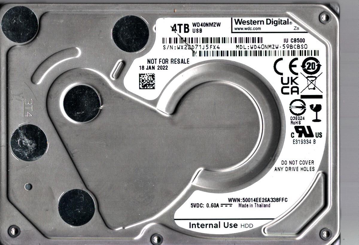 WD40NMZW-59BCBS0 S/N: WX22D WESTERN DIGITAL 4TB THAILAND JAN 2022