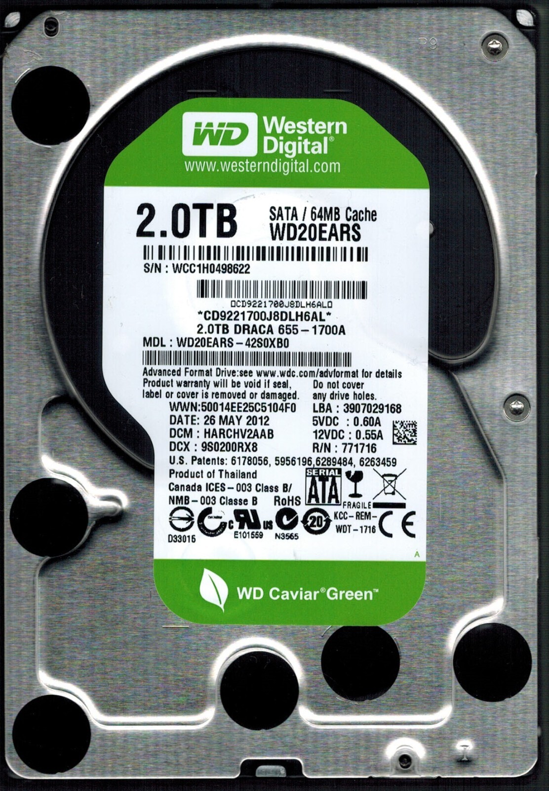 WD20EARS-42S0XB0 S/N: WCC1H HARCHV2AAB WESTERN DIGITAL 2TB THAILAND MAY 2012