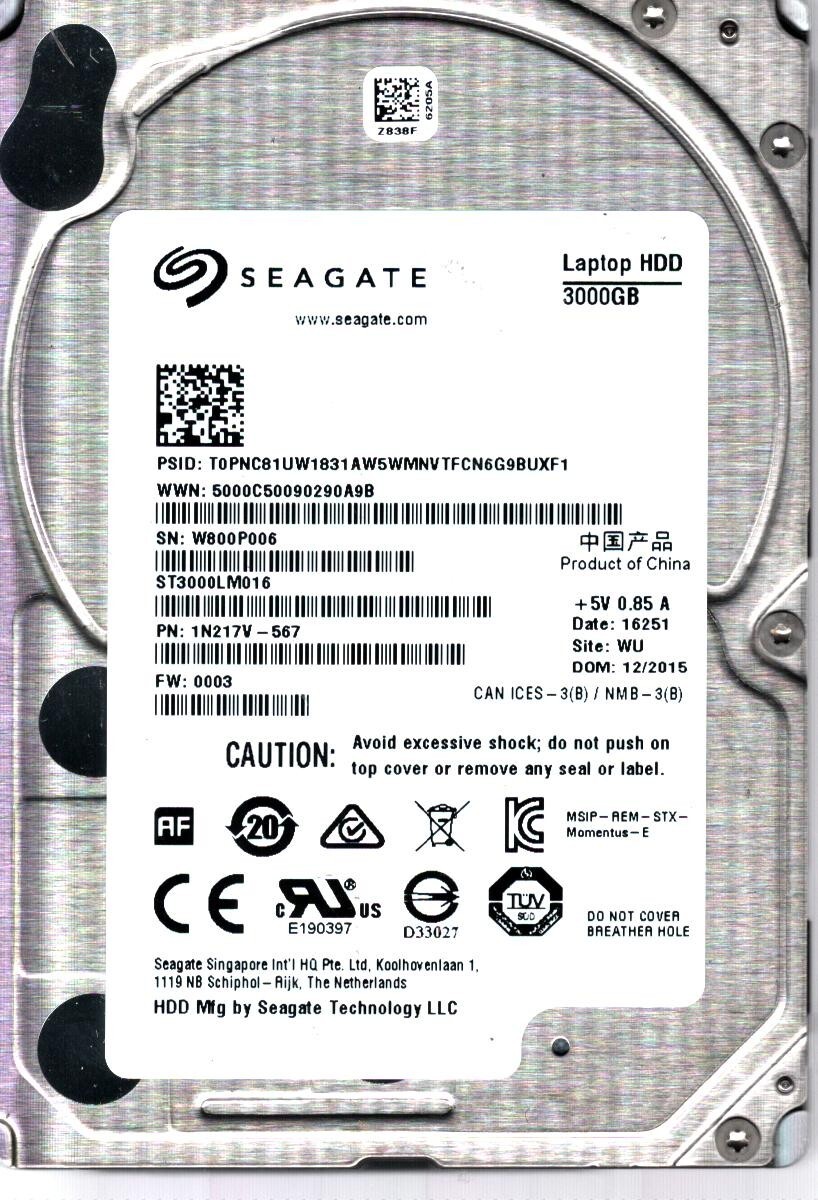 ST3000LM016 P/N: 1N217V-567 F/W: 0003 S/N: W800 WU 3TB DEC 2015 CHINA SEAGATE