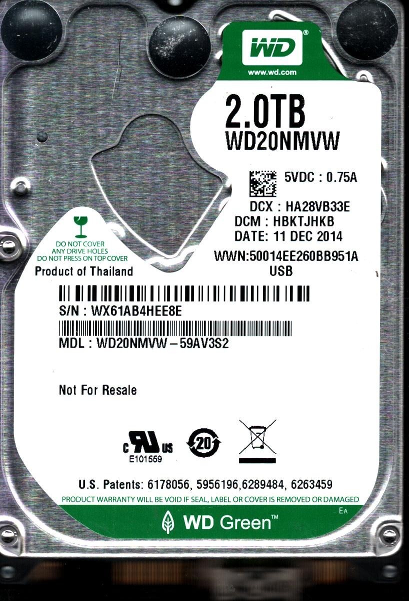 WD20NMVW-59AV3S2 S/N: WX61A DCM: HBKTJHKB WESTERN DIGITAL 2TB THAILAND DEC 2014