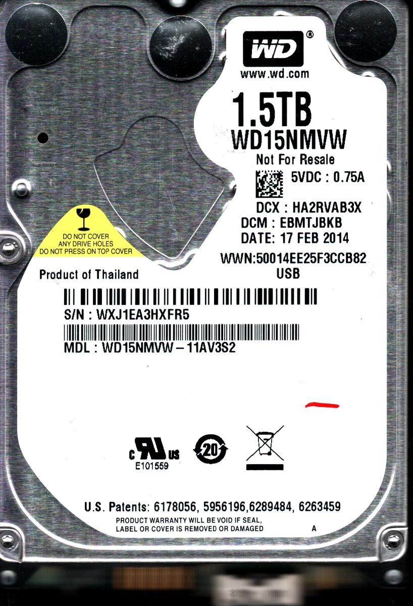 WD15NMVW-11AV3S2 S/N: WXJ1 DCM: EBMTJBKB WESTERN DIGITAL 1.5TB THAILAND FEB 2014
