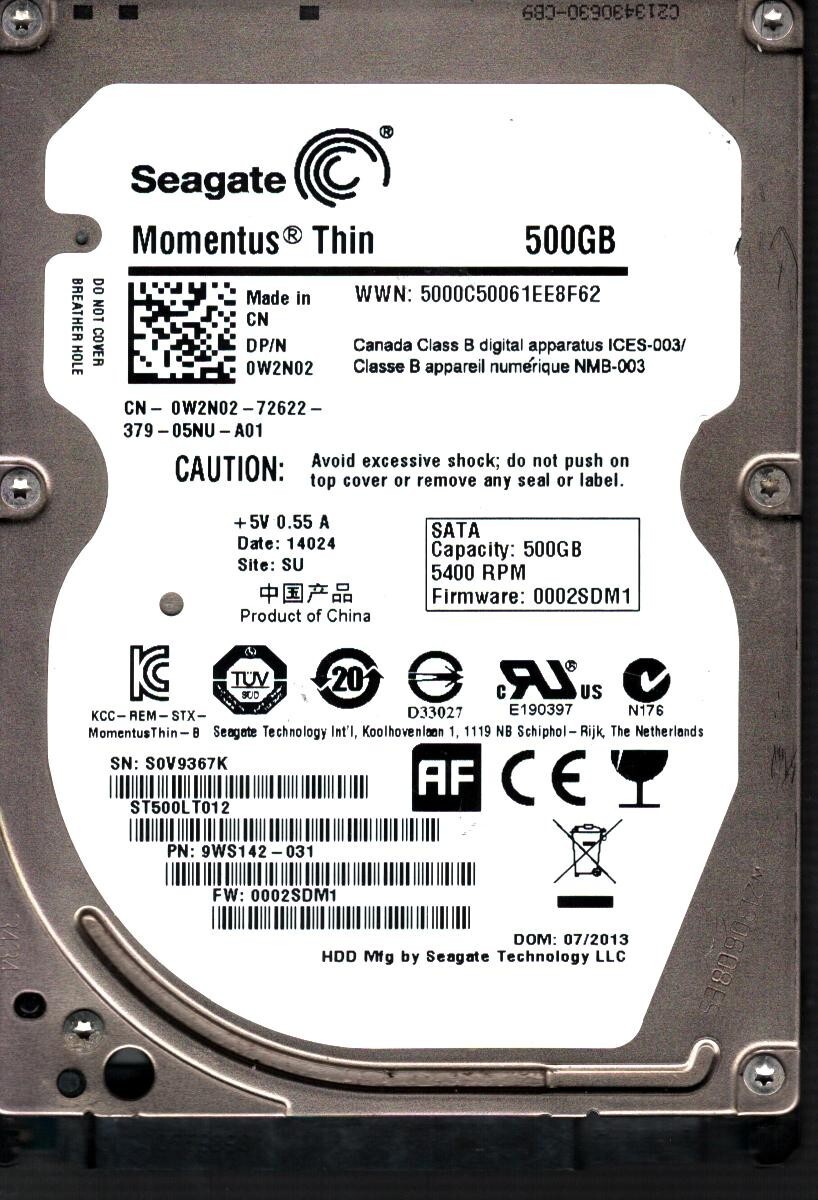 ST500LT012 P/N: 9WS142-031 F/W: 0002SDM1 SU 500GB JUL 2013 CHINA SEAGATE