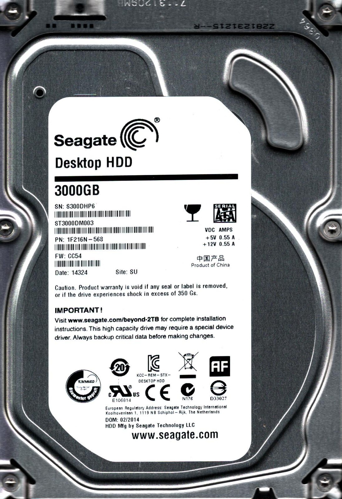 ST3000DM003 P/N: 1F216N-568 F/W: CC54 S/N: S300 SU 3TB FEB 2014 CHINA SEAGATE