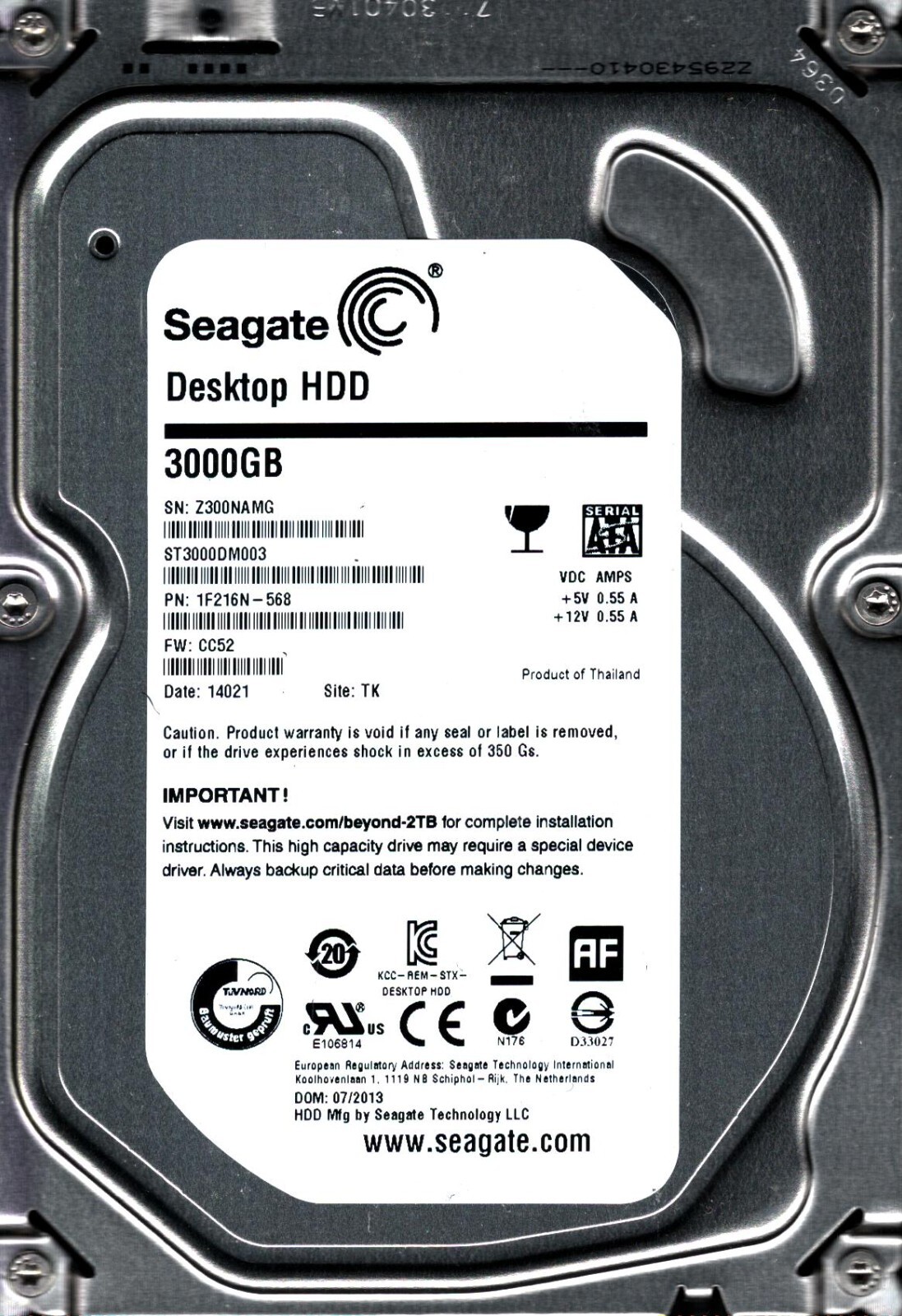 ST3000DM003 P/N: 1F216N-568 F/W: CC52 S/N: Z300 TK 3TB JUL 2013 THAILAND SEAGATE
