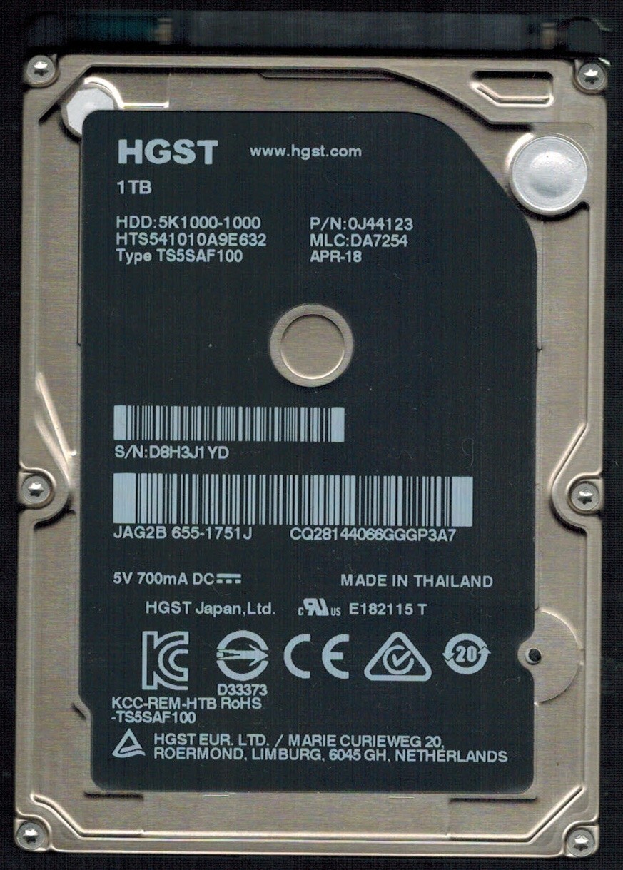 HTS541010A9E632 P/N: 0J44123 MLC: DA7254 THAILAND APR 2018 HGST 1TB APPLE