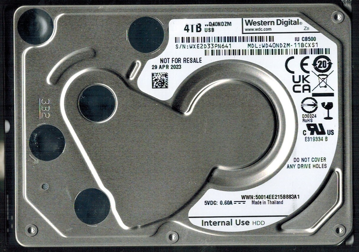 WD40NDZM-11BCXS1 S/N: WXE2D WESTERN DIGITAL 4TB THAILAND APR 2023