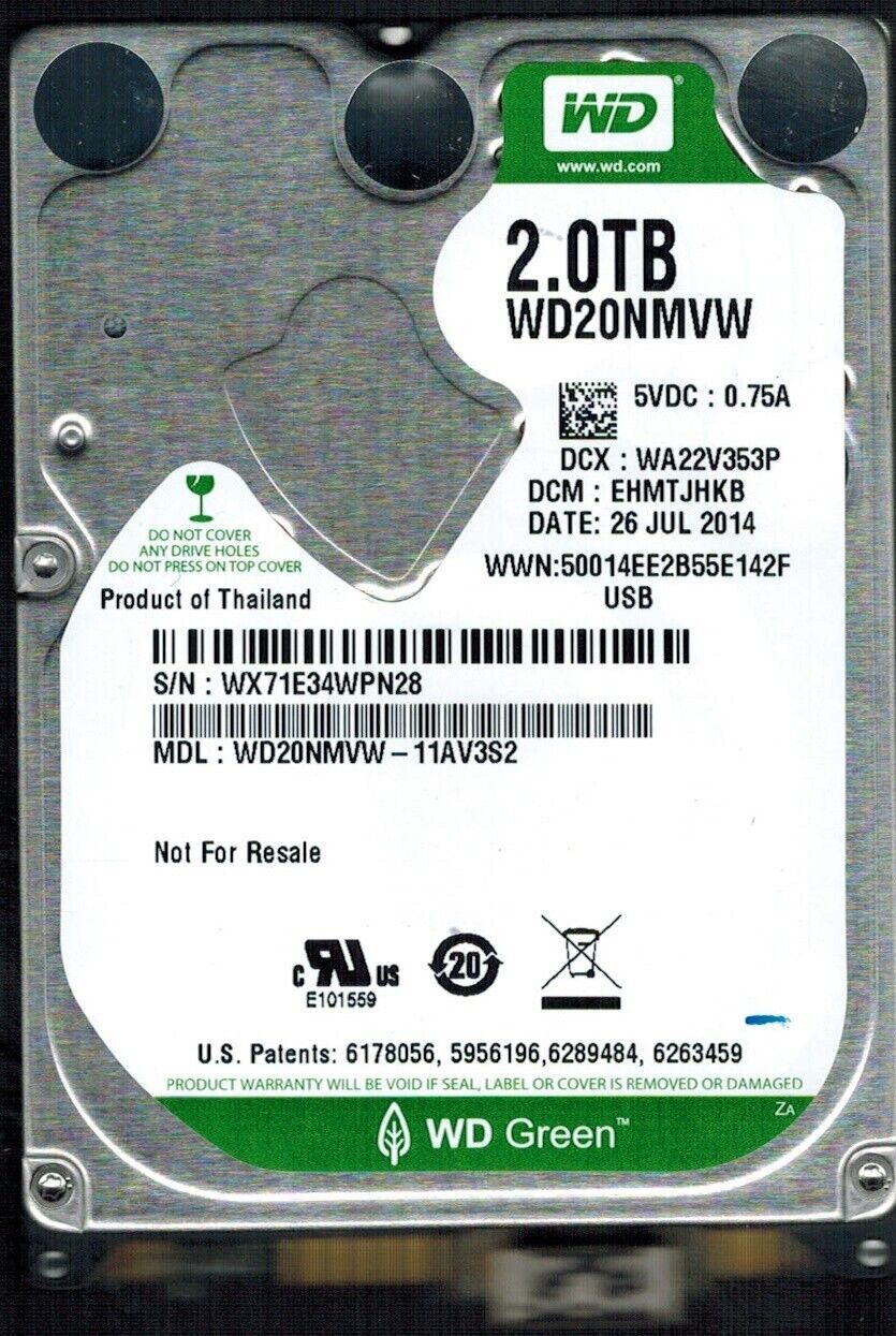 WD20NMVW-11AV3S2 S/N: WX71E DCM: EHMTJHKB WESTERN DIGITAL 2TB THAILAND JUL 2014