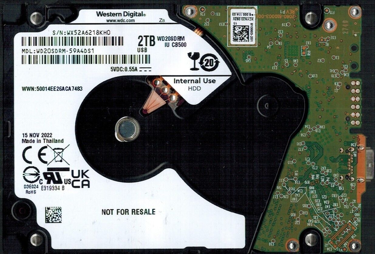 WD20SDRM-59A4DS1 S/N: WX52A WESTERN DIGITAL 2TB THAILAND NOV 2022