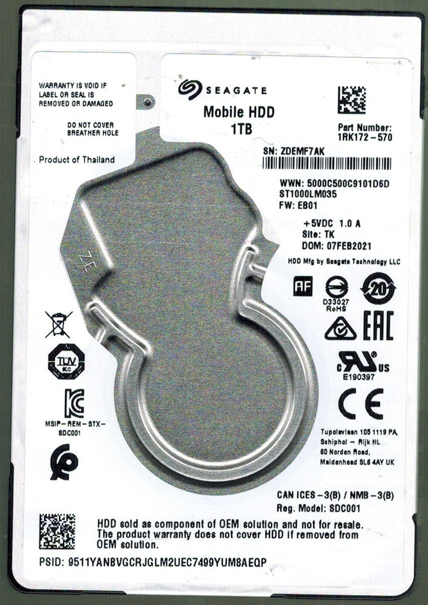 ST1000LM035 P/N: 1RK172-570 F/W: EB01 S/N: ZDEM TK 1TB FEB 2021 THAILAND SEAGATE