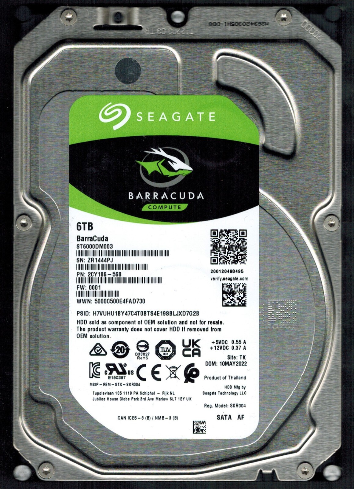 ST6000DM003 P/N: 2CY186-568 F/W: 0001 S/N: ZR14 TK 6TB MAY 2022 THAILAND SEAGATE