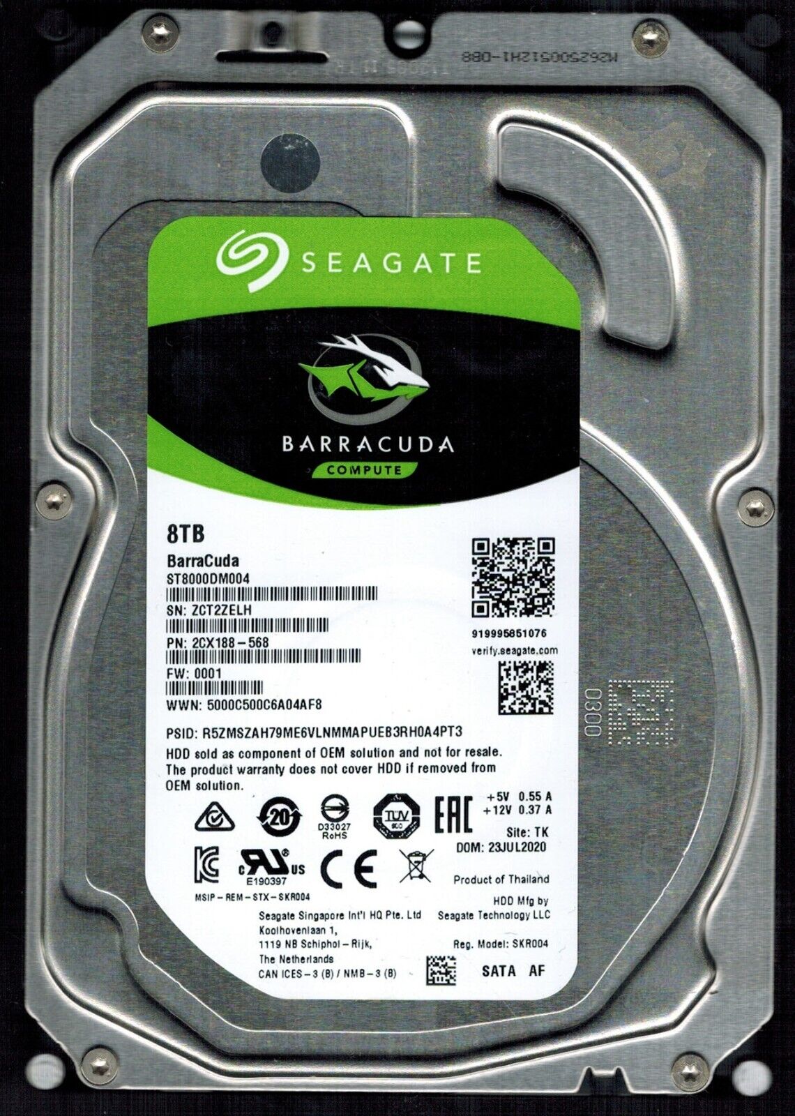 ST8000DM004 P/N:2CX188-568 F/W:0001 S/N:ZCT2 TK 8TB JUL 2020 THAILAND SEAGATE