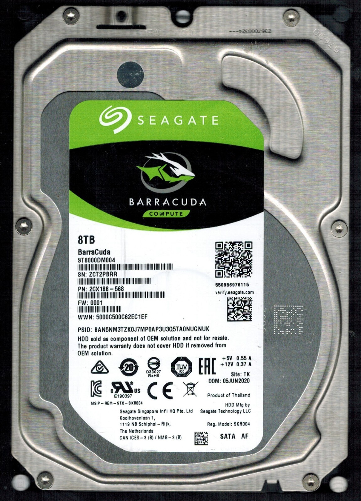 ST8000DM004 P/N: 2CX188-568 F/W: 0001 S/N: ZCT2 TK 8TB JUN 2020 THAILAND SEAGATE