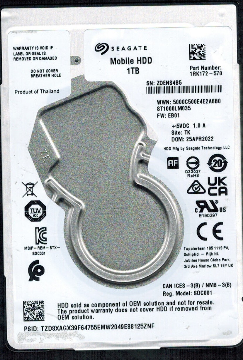 ST1000LM035 P/N: 1RK172-570 F/W: EB01 S/N: ZDEN TK 1TB APR 2022 THAILAND SEAGATE