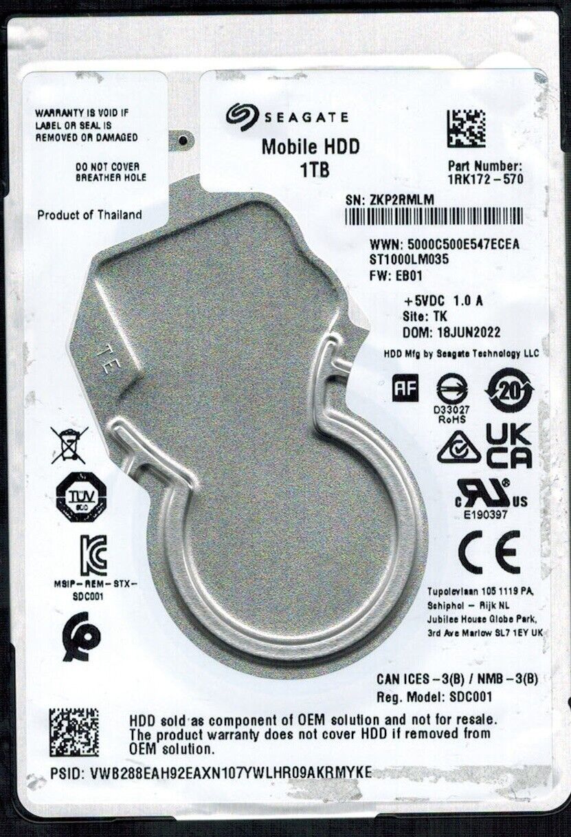 ST1000LM035 P/N: 1RK172-570 F/W: EB01 S/N: ZKP2 TK 1TB JUN 2022 THAILAND SEAGATE