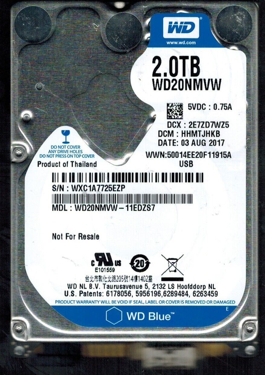 WD20NMVW-11EDZS7 S/N: WXC1A DCM: HHMTJHKB WESTERN DIGITAL 2TB THAILAND AUG 2017