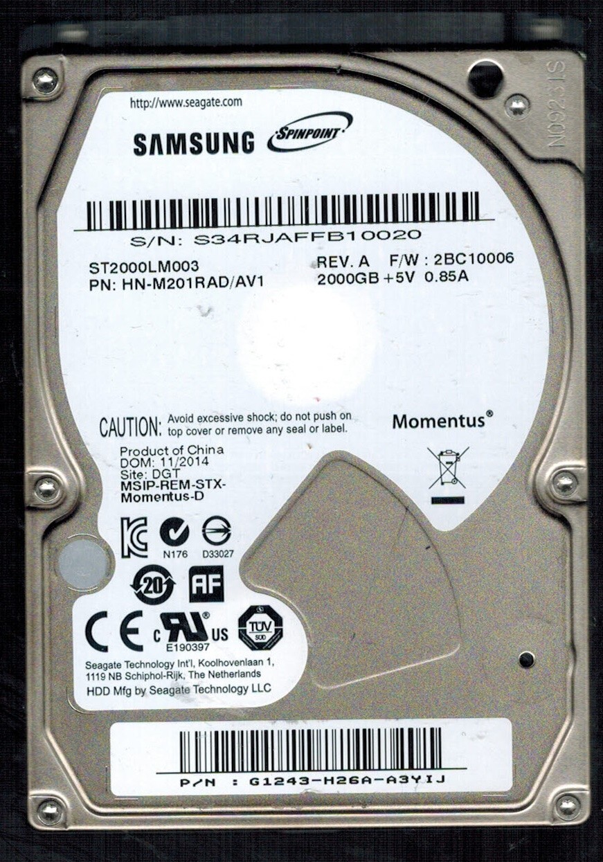 ST2000LM003 P/N: HN-M201RAD/AV1 S/N: S34RJ 2BC10006 SAMSUNG 2TB CHINA NOV 2014