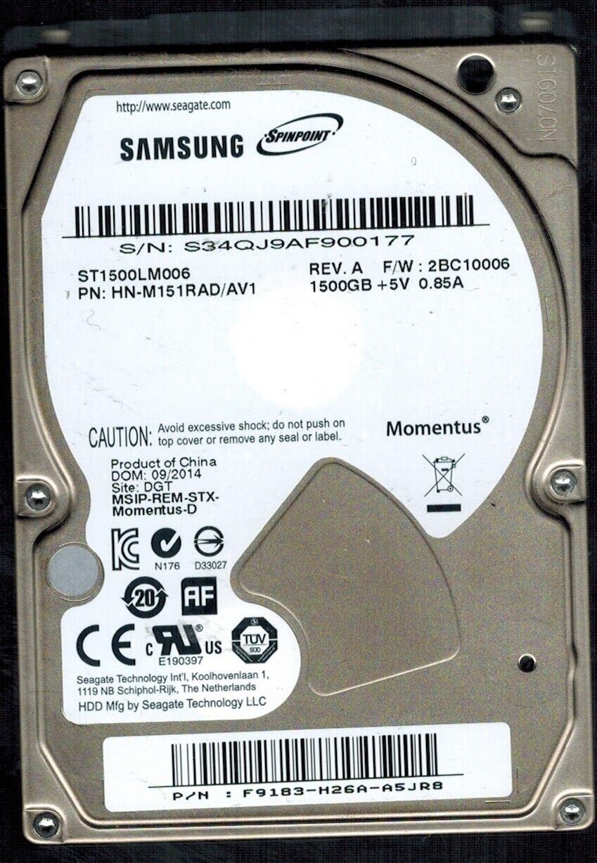 ST1500LM006 P/N: HN-M151RAD/AV1 S/N: S34QJ 2BC10006 SAMSUNG 1.5TB CHINA SEP 2014