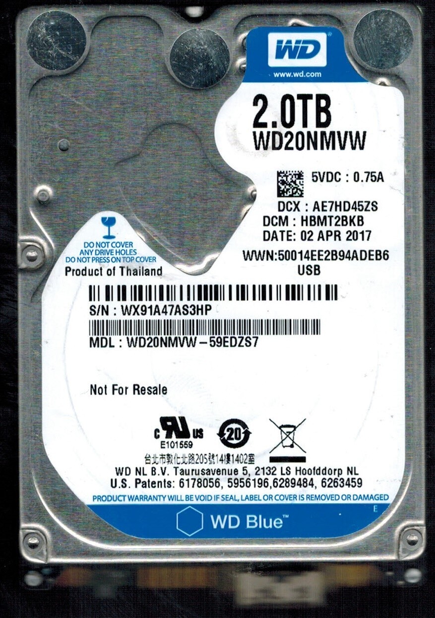 WD20NMVW-59EDZS7 S/N: WX91A DCM: HBMT2BKB WESTERN DIGITAL 2TB THAILAND APR 2017