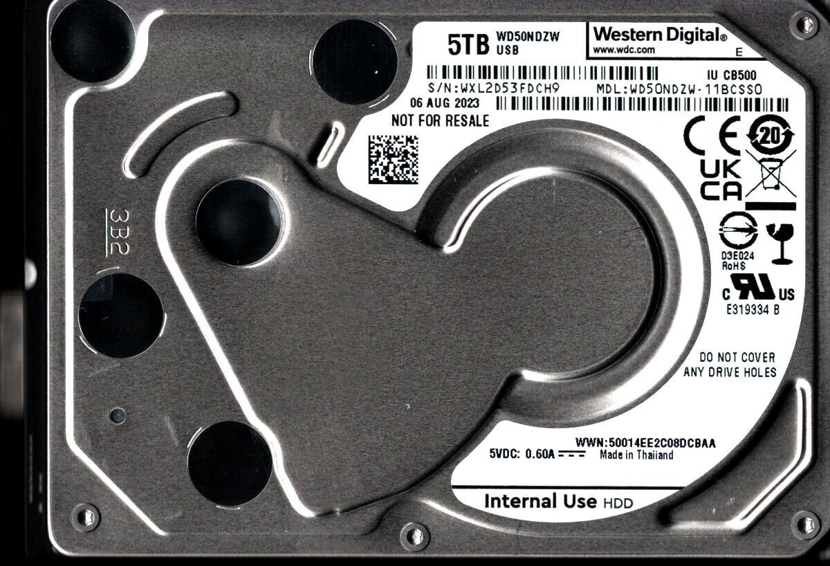 WD50NDZW-11BCSS0 S/N: WXL2D WESTERN DIGITAL 5TB THAILAND AUG 2023