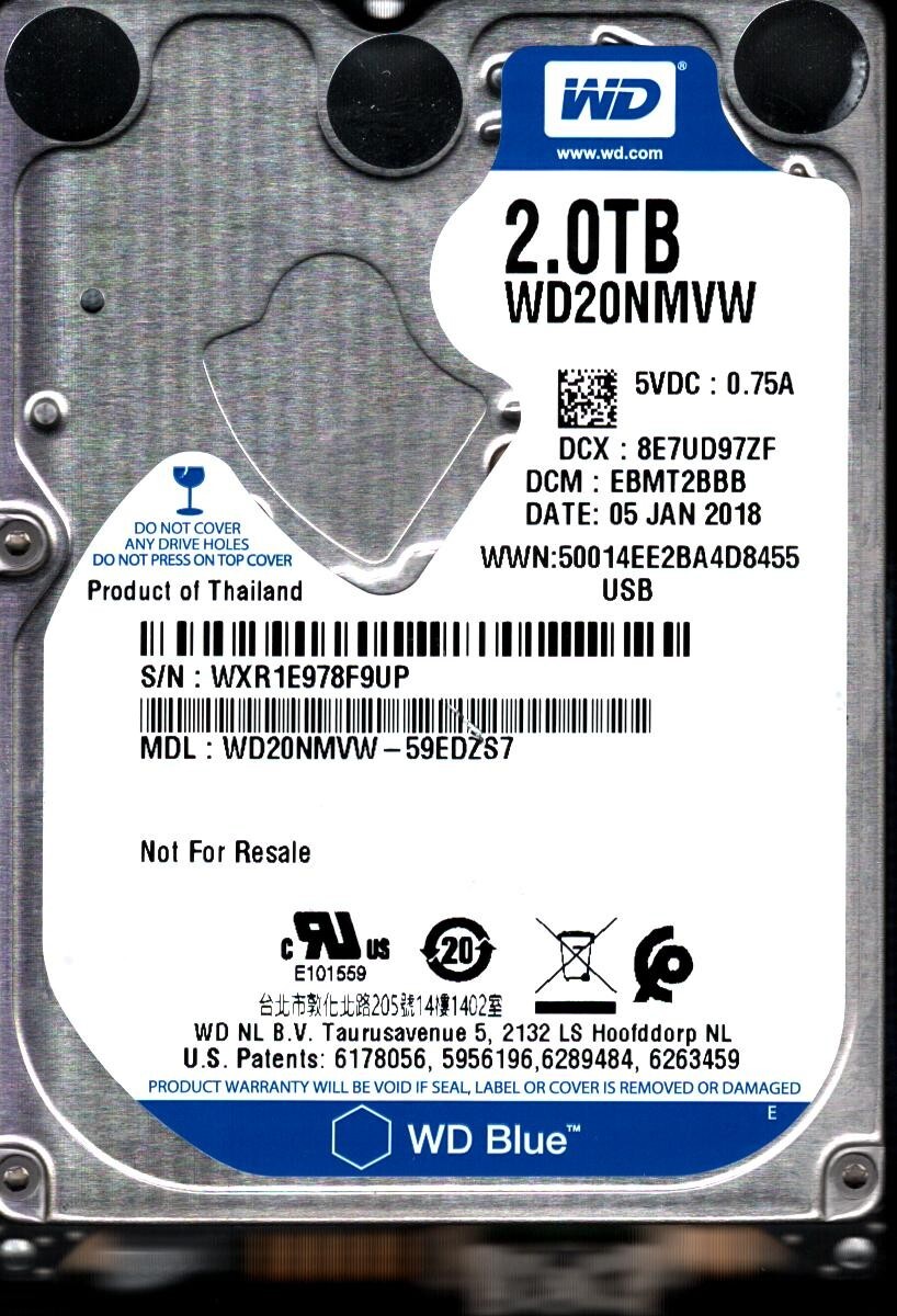WD20NMVW-59EDZS7 S/N: WXR1E DCM: EBMT2BBB WESTERN DIGITAL 2TB THAILAND JAN 2018