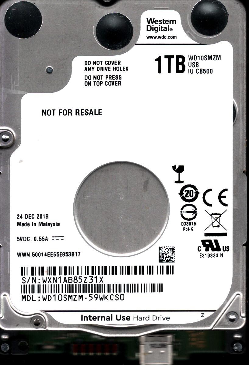 WD10SMZM-59WKCS0 S/N: WXN1 WESTERN DIGITAL 1TB MALAYSIA DEC 2018