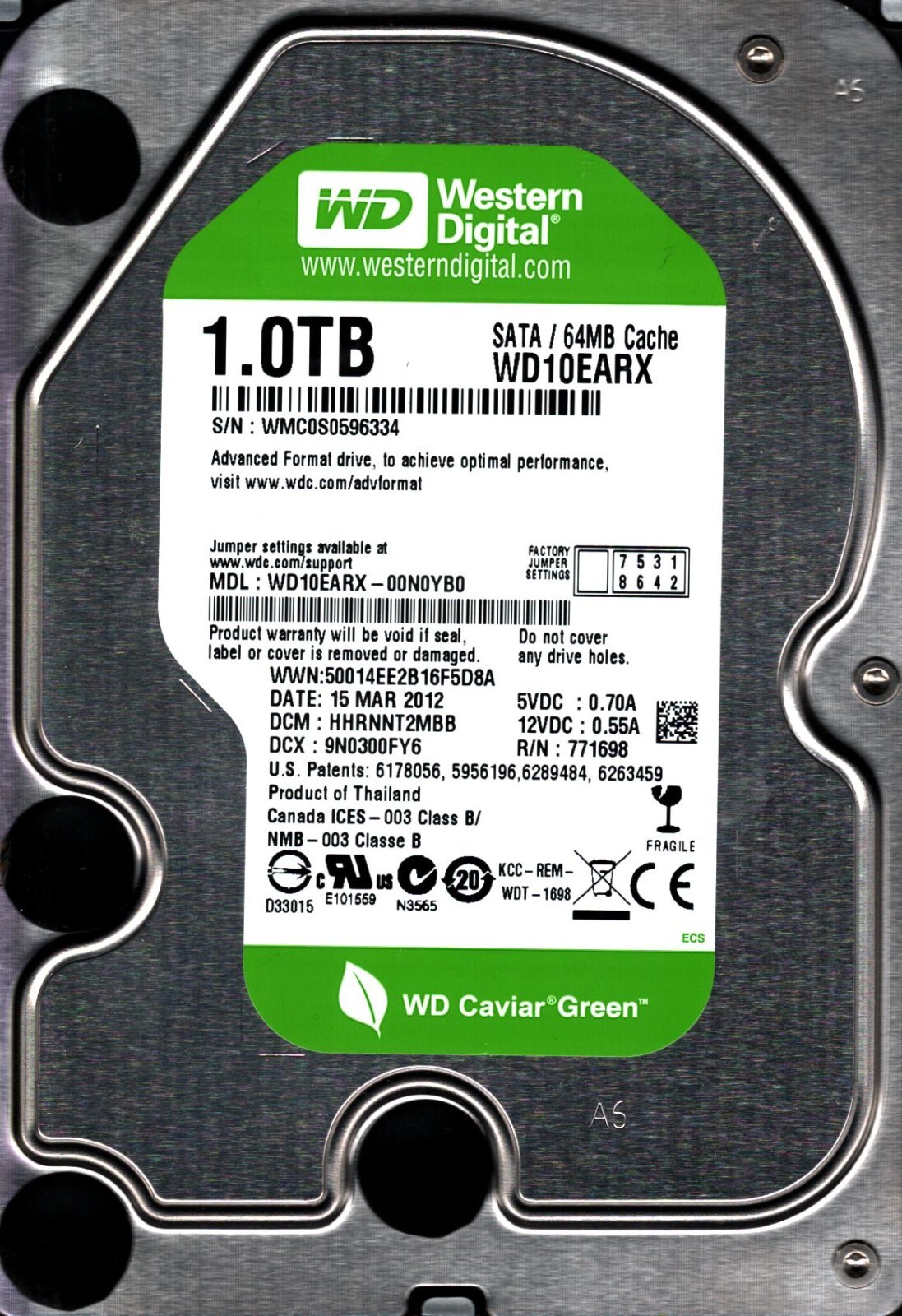 WD10EARX-00N0YB0 S/N: WMC0S DCM:HHRNNT2MBB WESTERN DIGITAL 1TB THAILAND MAR 2012
