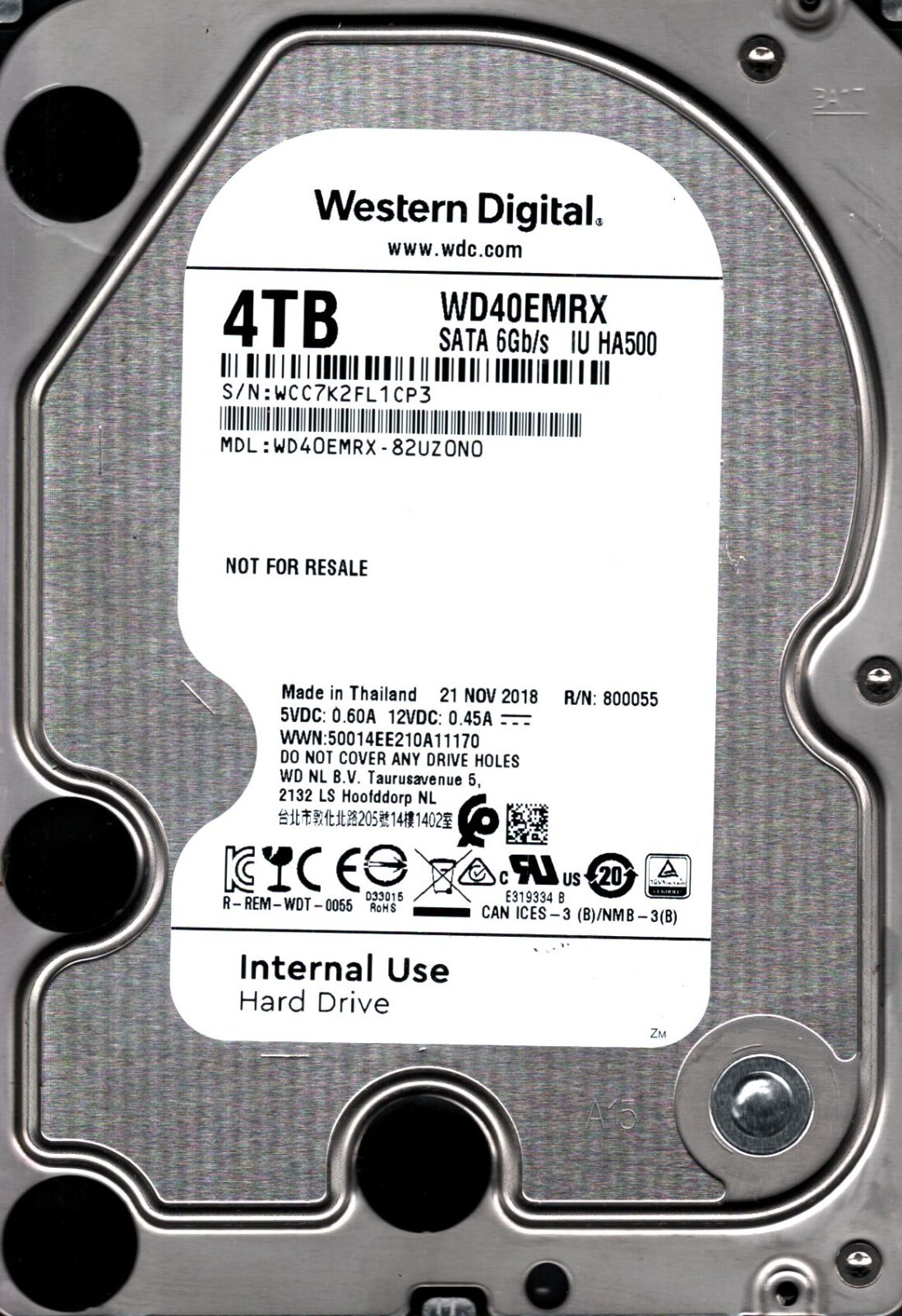 WD40EMRX-82UZ0N0 S/N: WCC7K WESTERN DIGITAL 4TB THAILAND NOV 2018