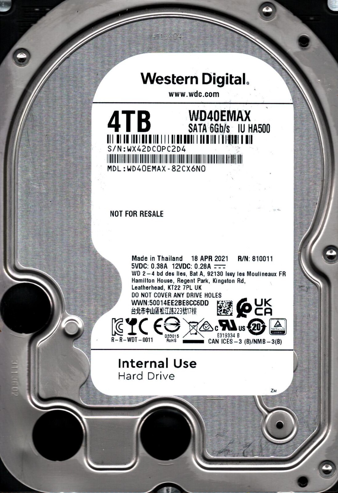 WD40EMAX-82CX6N0 S/N: WX42D WESTERN DIGITAL 4TB THAILAND APR 2021