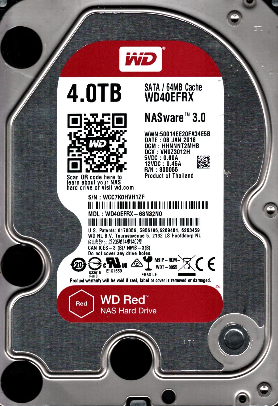 WD40EFRX-68N32N0 S/N: WCC7K DCM:HHNNNT2MHB WESTERN DIGITAL 4TB THAILAND JAN 2018