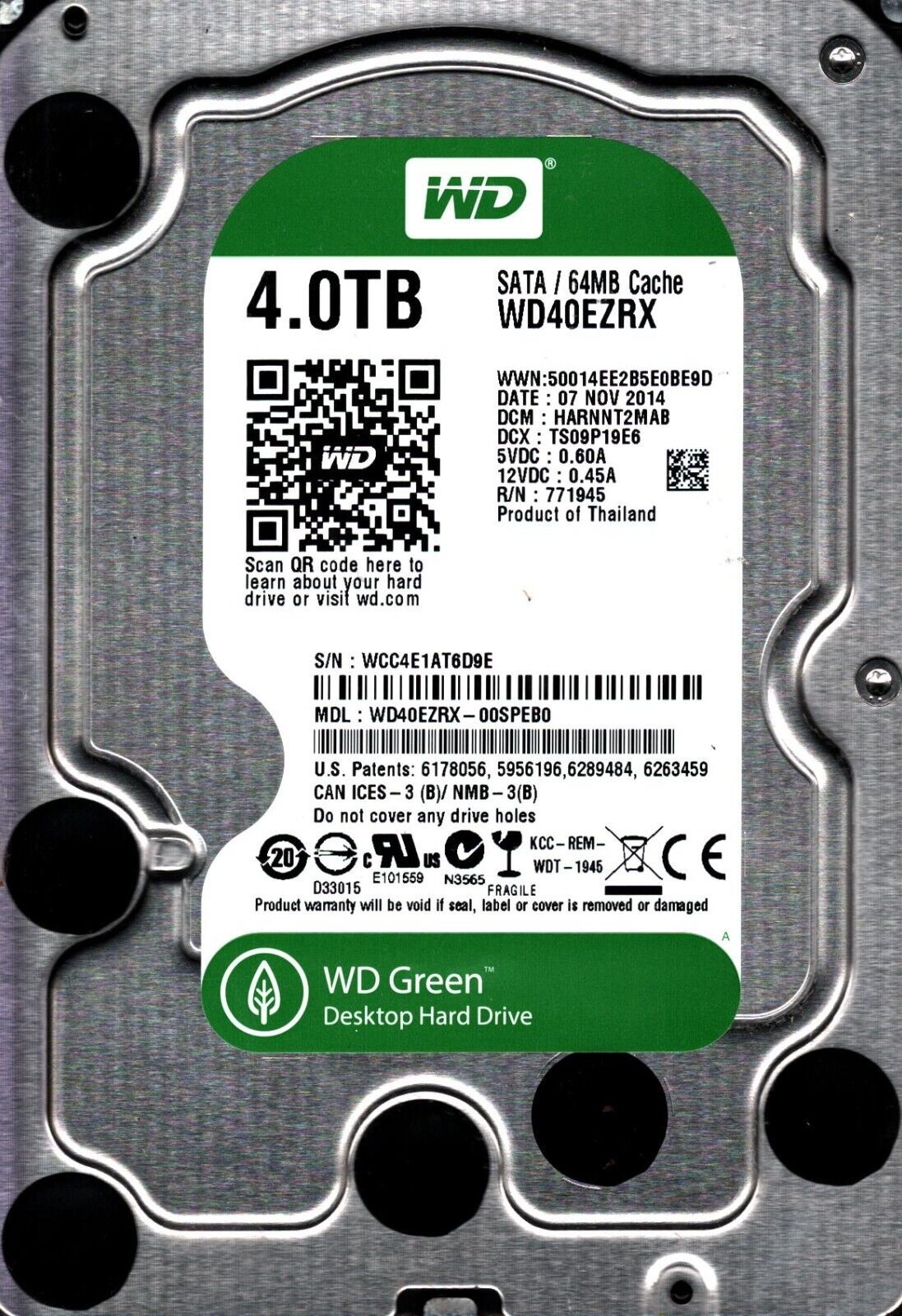 WD40EZRX-00SPEB0 S/N: WCC4E DCM:HARNNT2MAB WESTERN DIGITAL 4TB THAILAND NOV 2014