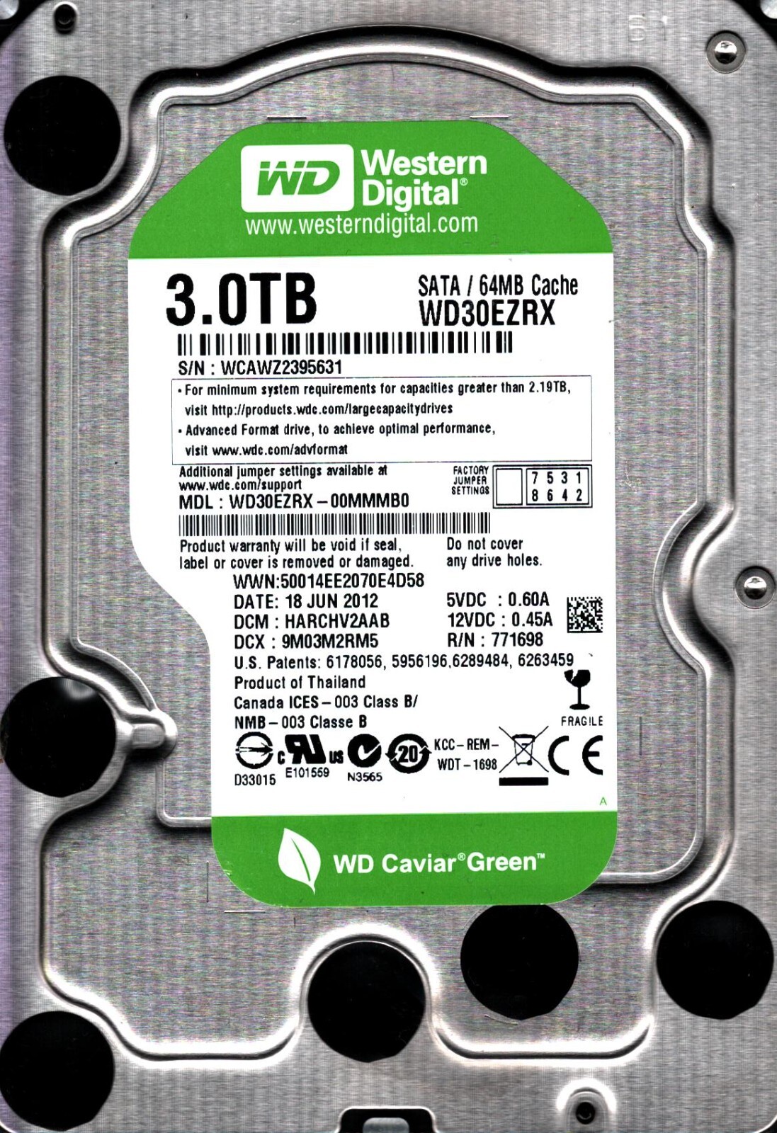WD30EZRX-00MMMB0 S/N: WCAWZ DCM:HARCHV2AAB WESTERN DIGITAL 3TB THAILAND JUN 2012