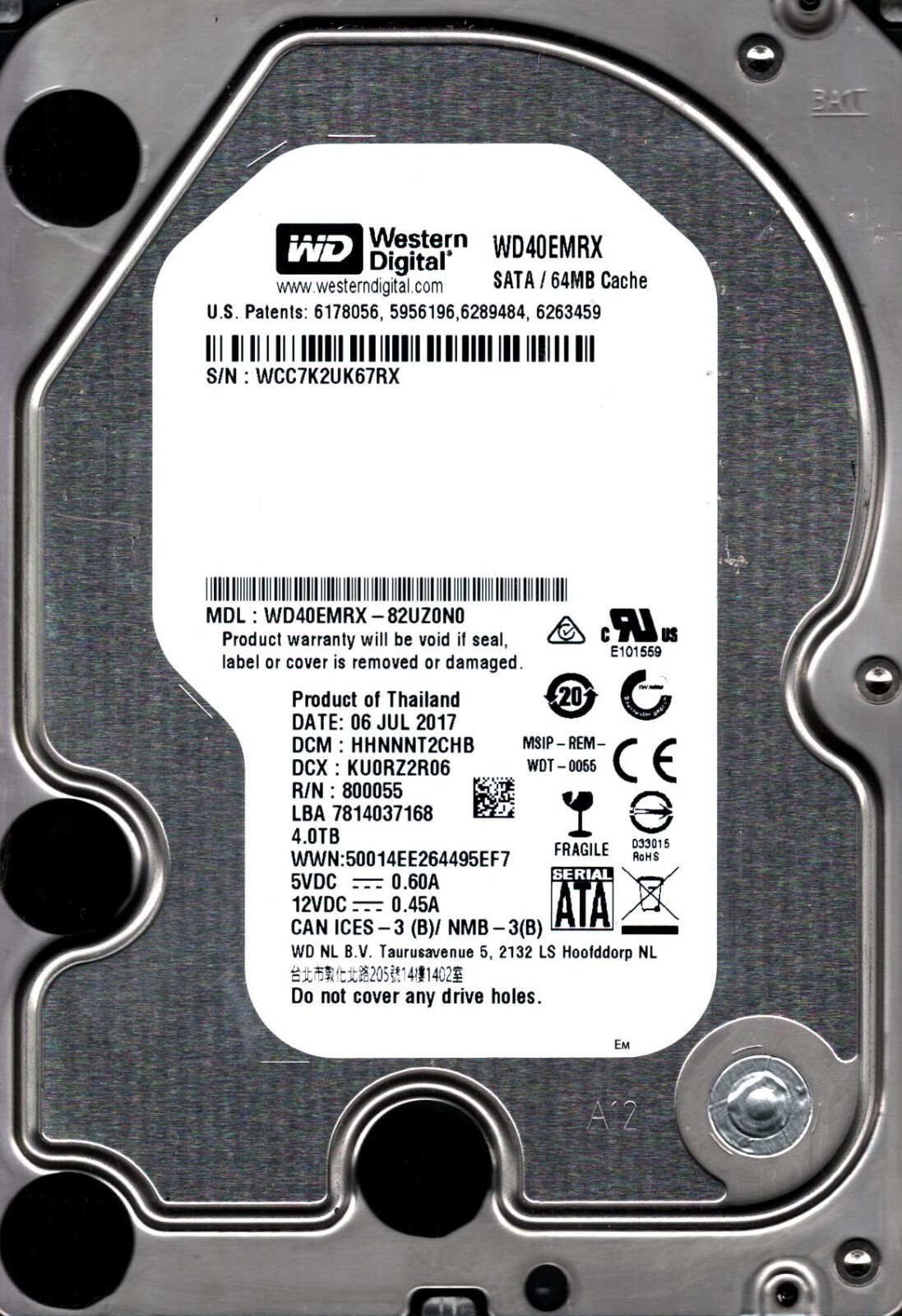 WD40EMRX-82UZ0N0 S/N: WCC7K DCM:HHNNNT2CHB WESTERN DIGITAL 4TB THAILAND JUL 2017