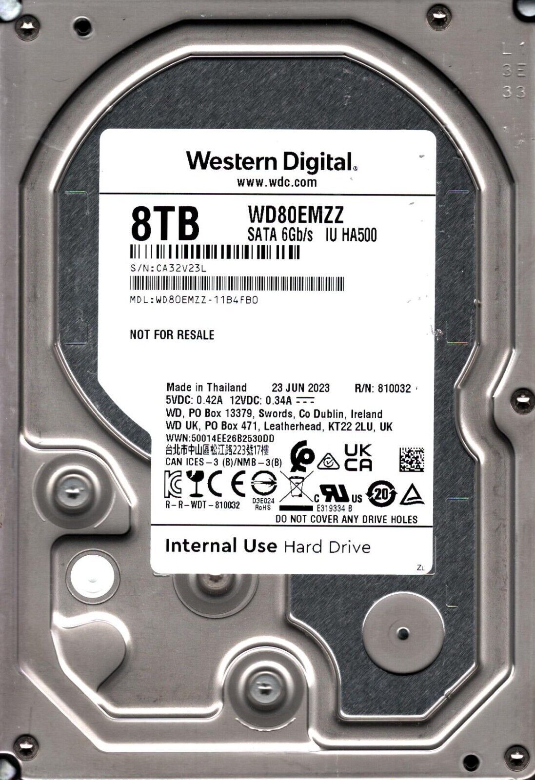 WD80EMZZ-11B4FB0 S/N: CA32V WESTERN DIGITAL 8TB THAILAND JUN 2023