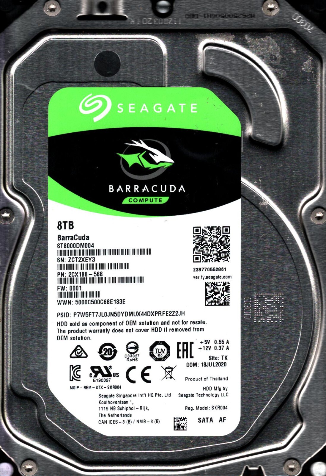 ST8000DM004 P/N: 2CX188-568 F/W: 0001 S/N: ZCT2 TK 8TB JUL 2020 THAILAND SEAGATE