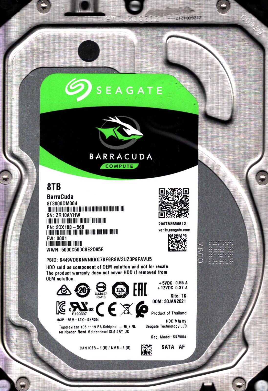ST8000DM004 P/N: 2CX188-568 F/W: 0001 S/N: ZR10 TK 8TB JAN 2021 THAILAND SEAGATE
