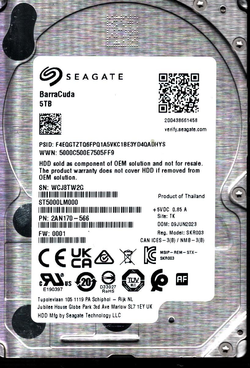 ST5000LM000 P/N: 2AN170-566 F/W: 0001 S/N: WCJ8 TK 5TB JUN 2023 THAILAND SEAGATE