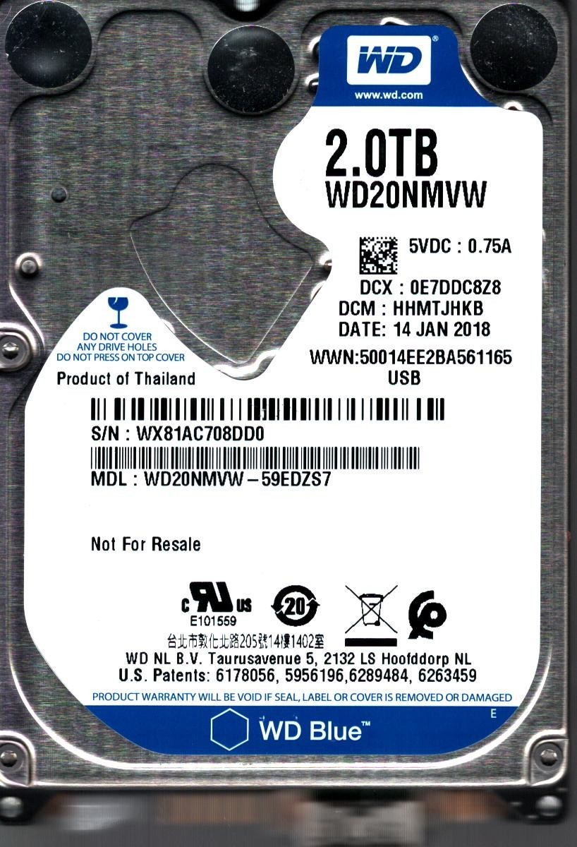 WD20NMVW-59EDZS7 S/N: WX81A DCM: HHMTJHKB WESTERN DIGITAL 2TB THAILAND JAN 2018