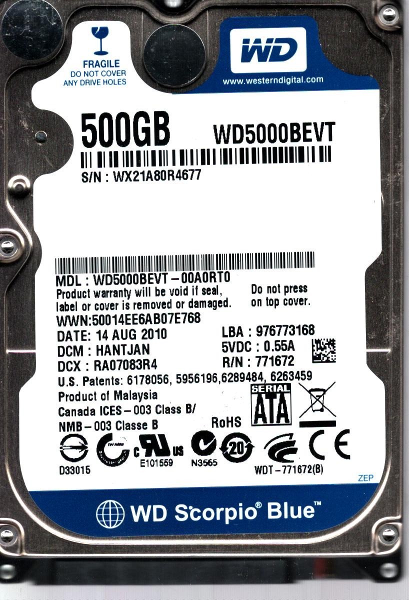 WD5000BEVT-00A0RT0 S/N: WX21A DCM: HANTJAN WD 500GB MALAYSIA AUG 2010
