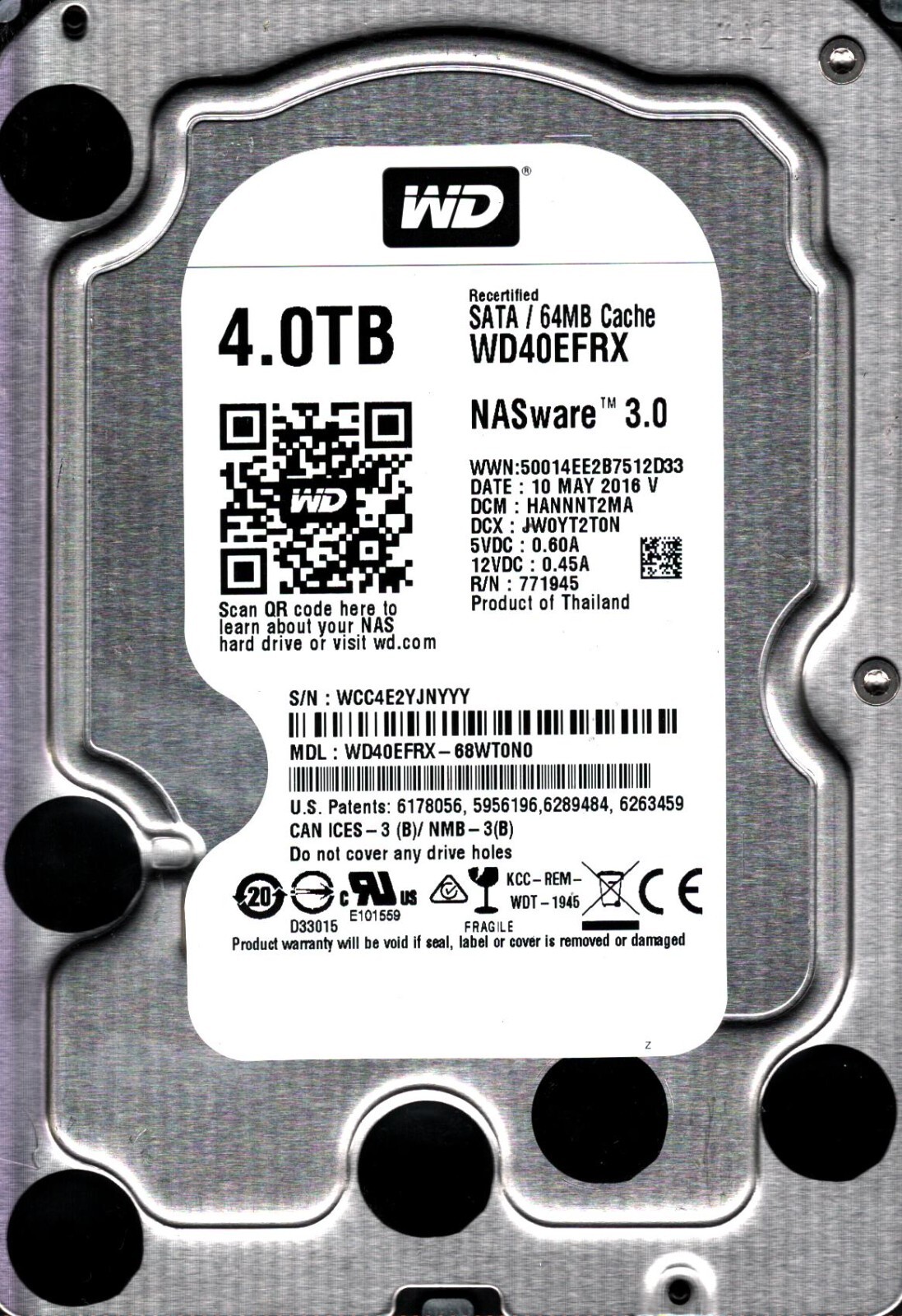 WD40EFRX-68WT0N0 S/N: WCC4E DCM: HANNNT2MA WESTERN DIGITAL 4TB THAILAND MAY 2016